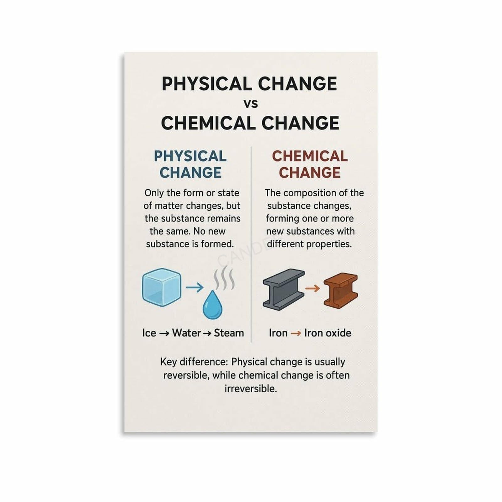 HGETJOHXEM Science Study Aid Poster - Visual Guide to Chemical and Physical Changes, Homework Help Chart for Students, School, Home Office​(Unframed,08x12inch(20x30cm))