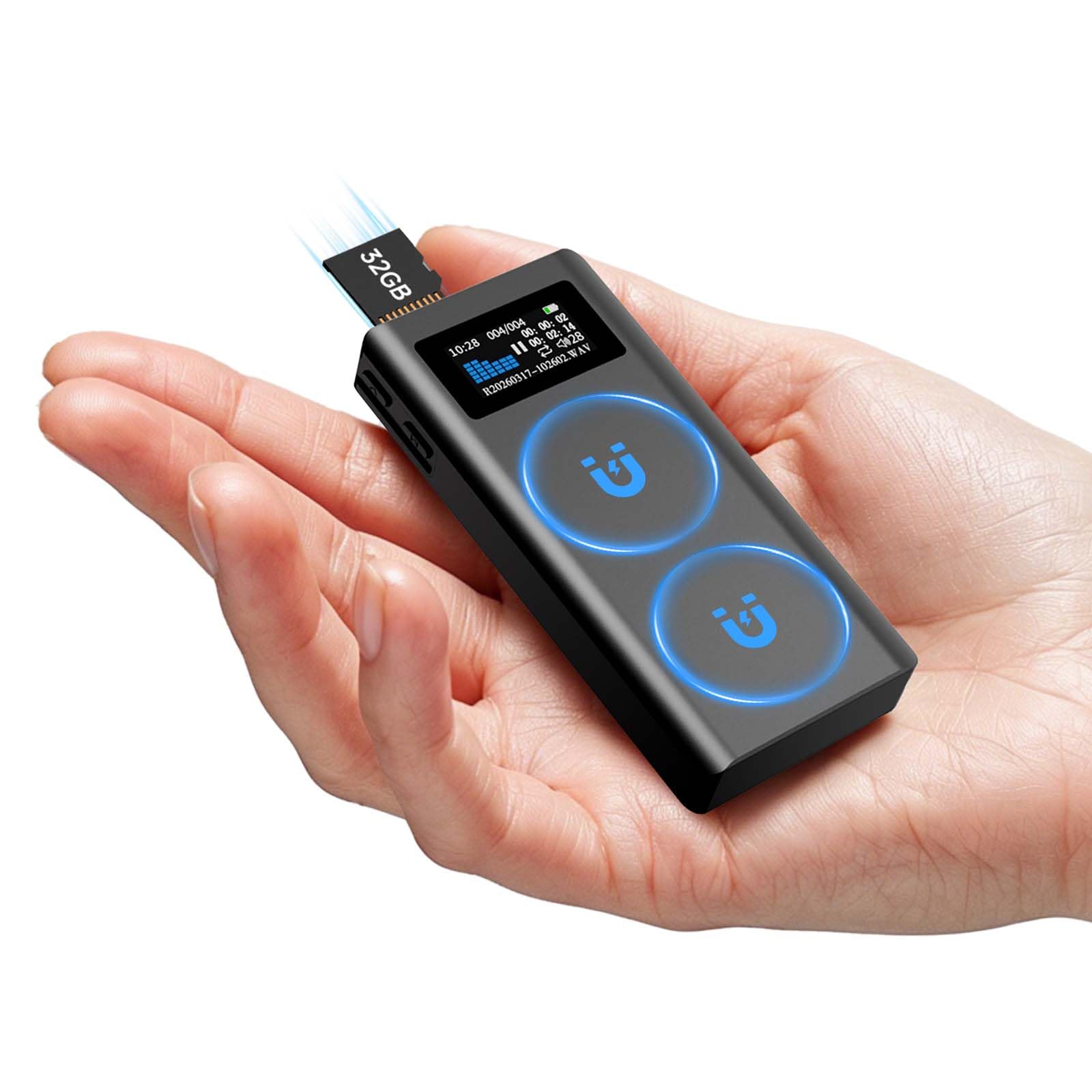 32GB Magnetischer Sprachrekorder mit 350-Stunden-Akku, TF-Kartenerweiterung, Lautsprecherwiedergabe und EIN-klick-Aufnahme, Tragbares USB-C Aufnahmegerät für Meetings und Interviews