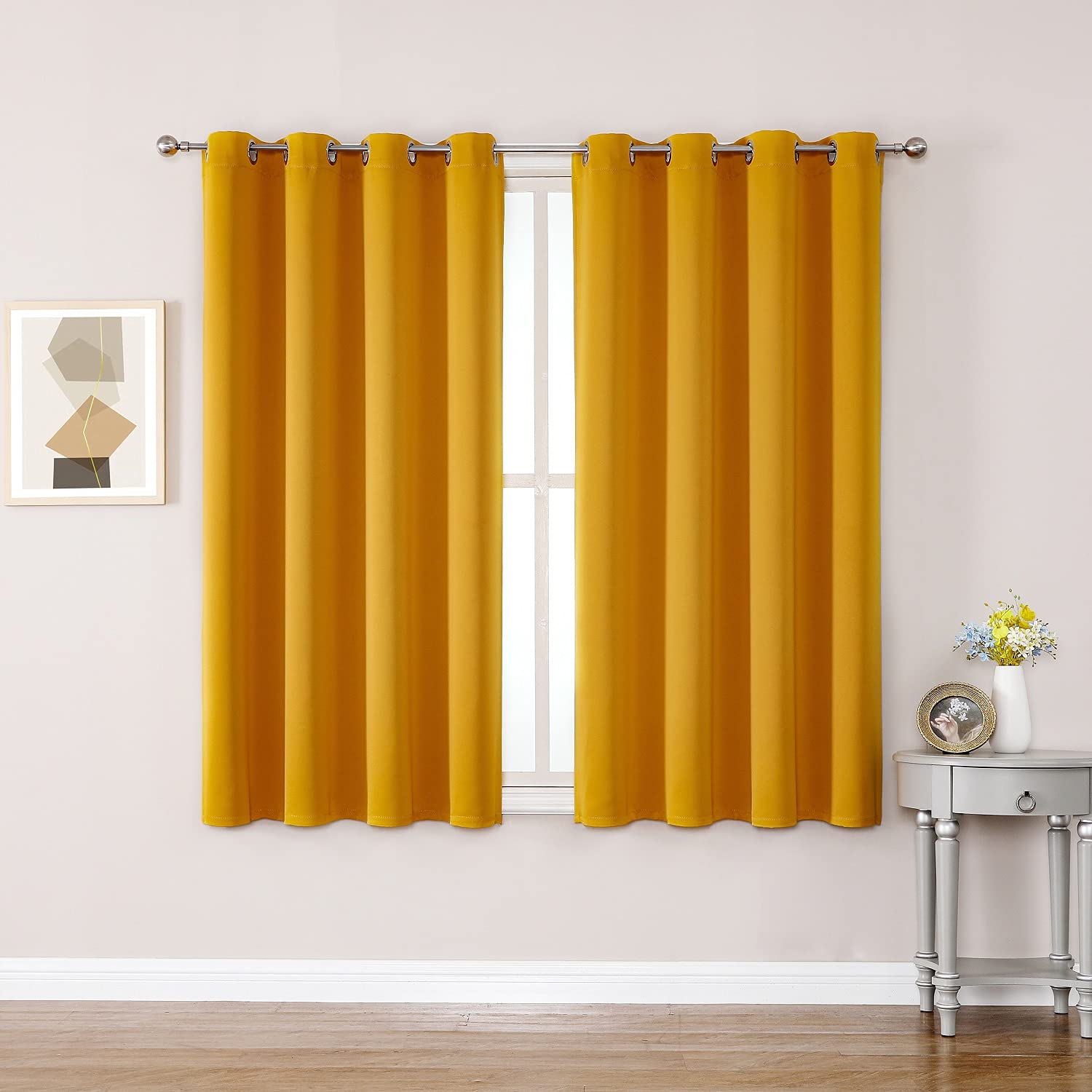 ChrisDowa Grommet Room Darkening Curtains for Bedroom and Living Room - 2 Panels Set Thermal Insulated Blackout Curtains (Mustard Yellow, 52W x 45L)