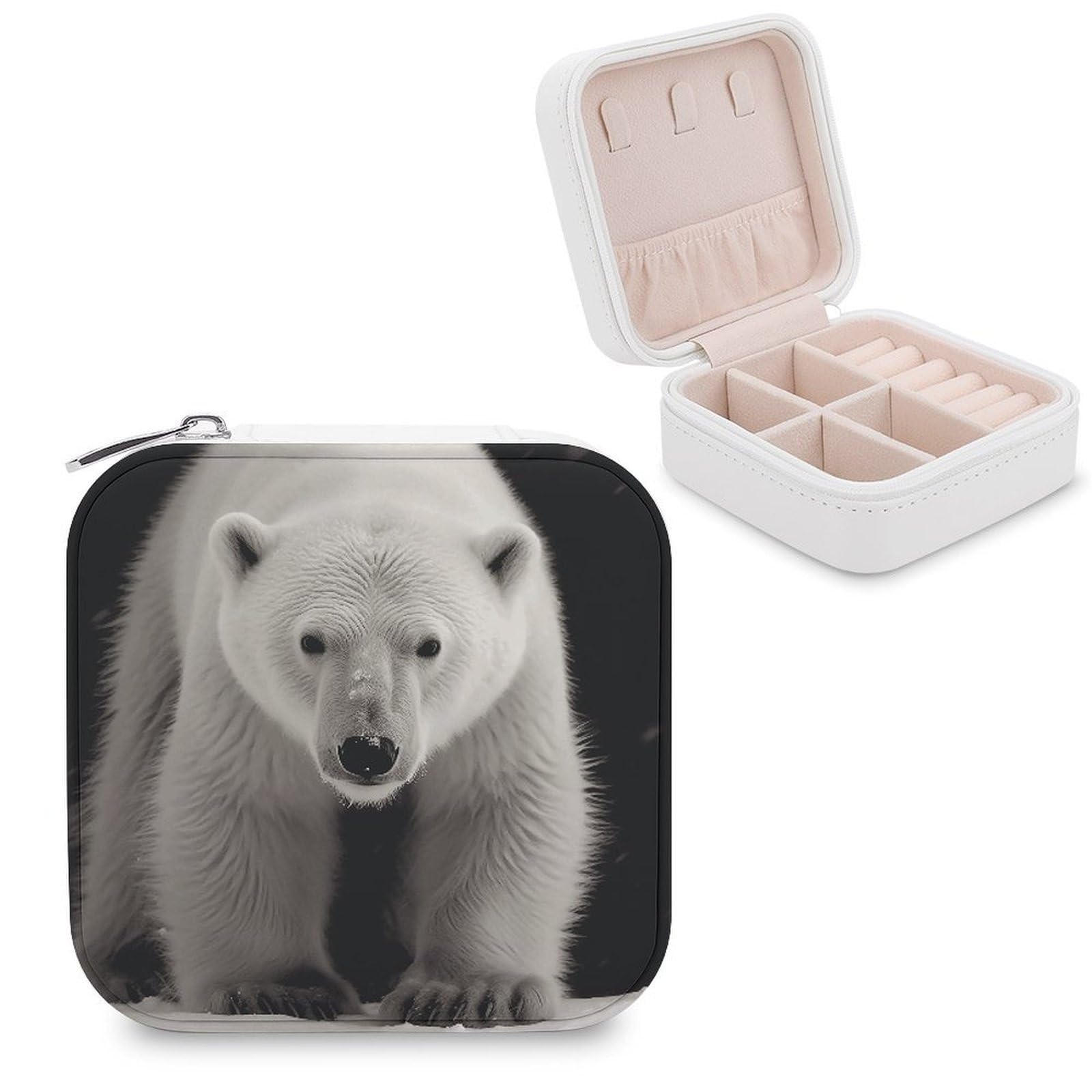 VstaDank Polar Bear Travel Jewelry Case Zipper Portable Small Jewelry Box Custom Pu Leather Mini Traveling Jewelry Organizer for Rings Earrings Necklace Bracelet Girls Women