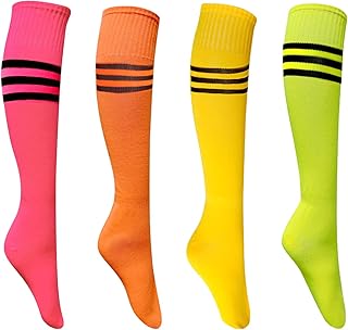 4 pares de calcetines hasta la rodilla, aptos para tallas 6-10, calcetines de patinaje de rayas triples calcetines de rodilla de bruja alta de patinaje colorido atlético(amarillo/rosa/naranja/verde)