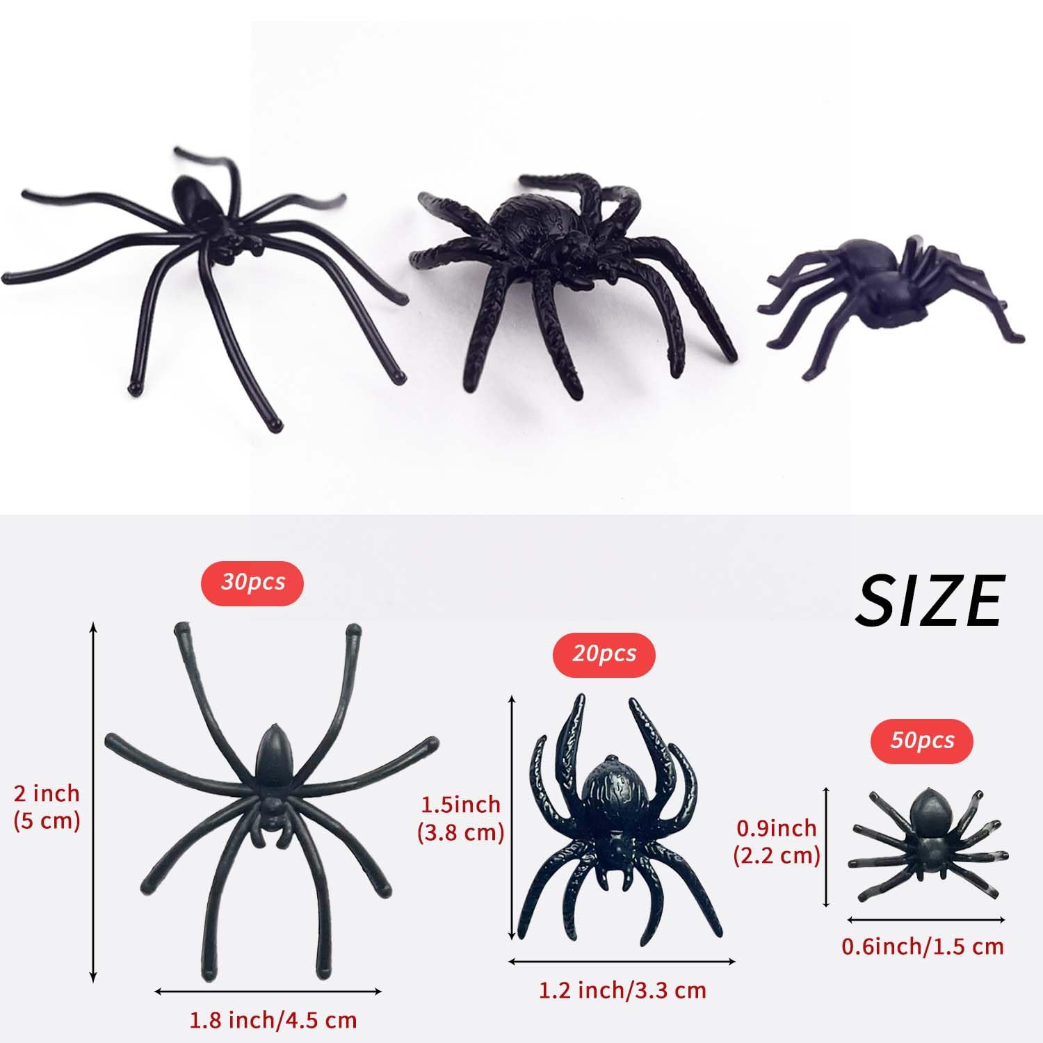 Pack De 100 Arañas De Plástico Negro De Halloween | 3 Tamaños De 8 A 2 Cm Para Decoración De Casas Encantadas Y Bromas