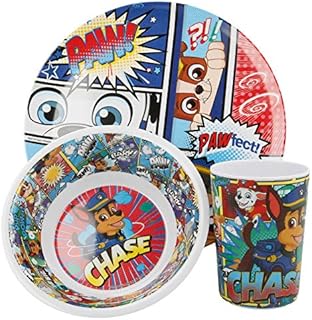 Official Nickelodeon Paw Patrol Chase 3Pcs Coloured BPA Free Melamine Dining Set - Plate, Bowl and Tumbler Dinnerware Set for Children