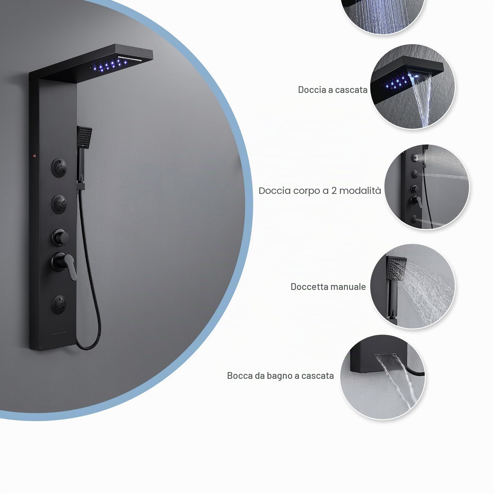 Pannello doccia a LED con miscelatore, 6 modalità doccia: pioggia e cascata, 2 modalità getto massaggio, combinato e beccuccio da bagno, colonna doccia in acciaio inossidabile nero opaco