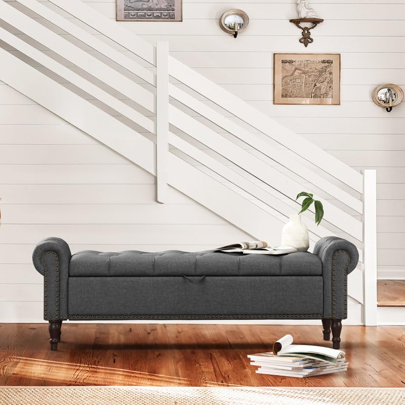Image of 3-Seater Upholstered Ottoman Bench with Storage | Grey |62.4 x 20.1 x 20.7 Inch| Elegant Multi-Purpose with 6-Inch Wooden Legs for Living Room, Bedroom, Entryway
