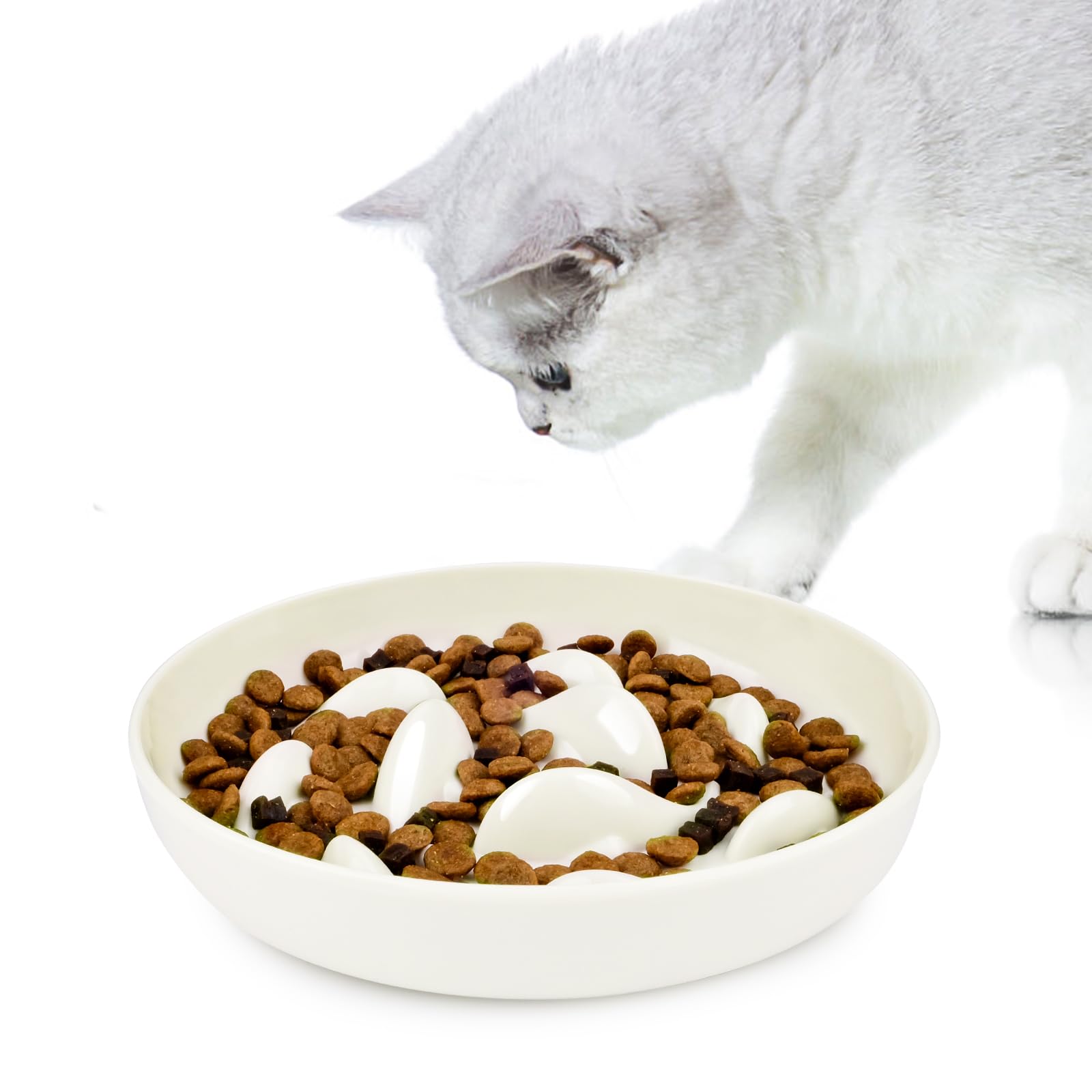 Comedero Antivoracidad para Perros y Gatos, Plástico Cuenco Gato Tazon Platos con Fondo Antideslizante para Comida Lenta Gato Mascotas y Perro Pequeño 16x2,8 cm (Blanco)