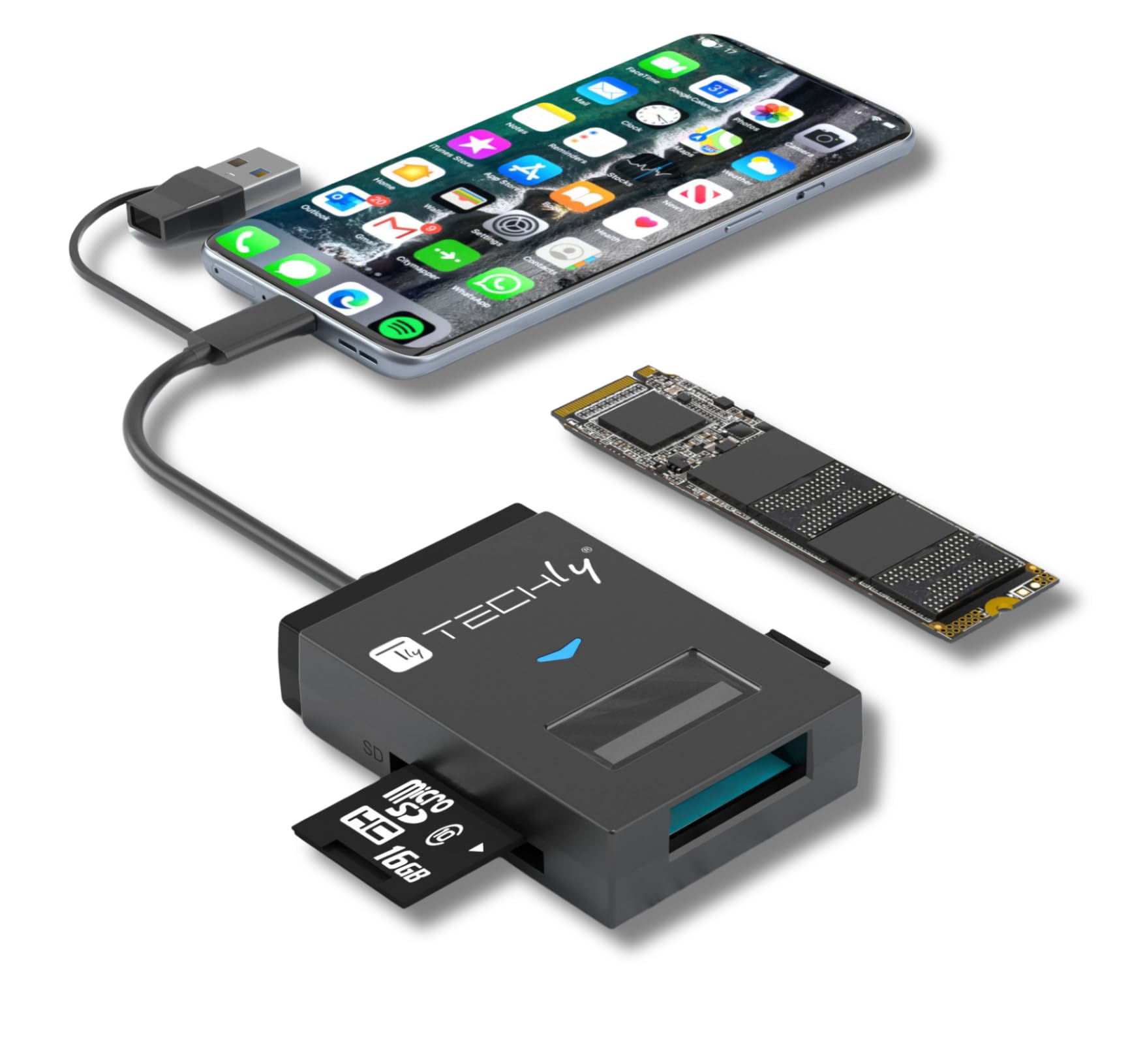 Techly 622298 Adaptador USB-A/USB-C a NVME/SATA M.2 con lector de memoria SD/TF negro