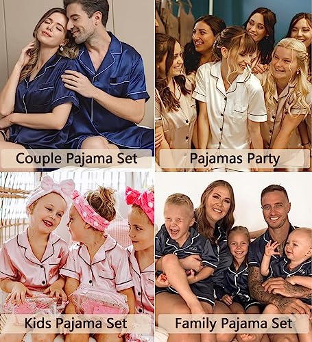 Image of SWOMOG Women Matching Pajamas Set Silk Satin Sleepwear Short Sleeve Button Down Pj Set 2 Pcs Loungewear Green Medium