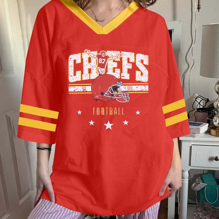 Oversized Football Jersey Tshirt Women Game Day Graphic V-Neck Jersey Tees Football Team Fans Mesh Tshirt2