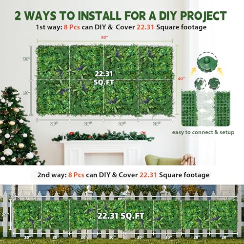 Artificial Boxwood Panel 8 Pieces 20"x20", Green Grass Wall Backdrop Wall for Fence Patio Backrop Balcony, Faux Ivy Privacy Fence Screen, 5 PCS Vines, 60 PCS Violet Flower, 2 PCS Light Strip