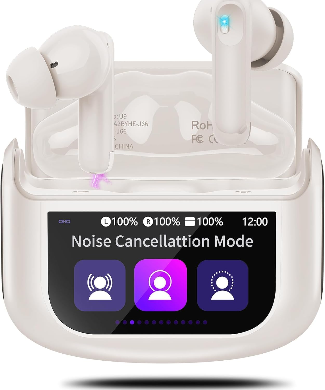 QXUFV AI Écouteur Traducteur Instantané 164 Langues, ANC/ENC Réduction du Bruit, 7 Modes de Traduction, Écran Tactile LED, IPX7 Étanche, 48H Autonomie, Casque Musique/Appels/Traducteur (Beige)
