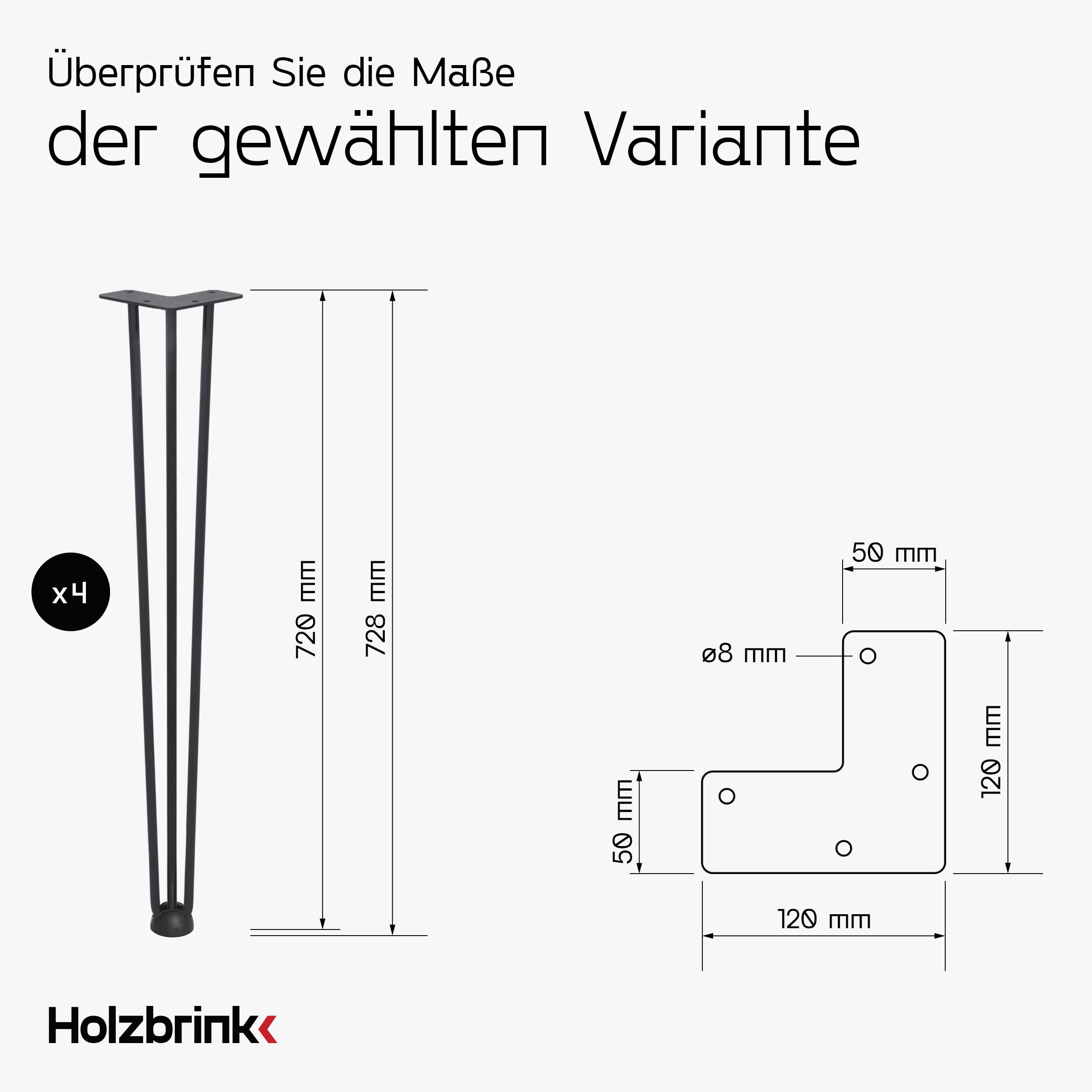 HOLZBRINK 4x gamba da tavolo in metallo con 3 aste Hairpin,Gamba con asta tripla per mobili, tavolo, 72 cm, Nero Intenso, HLT-13A-72-9005