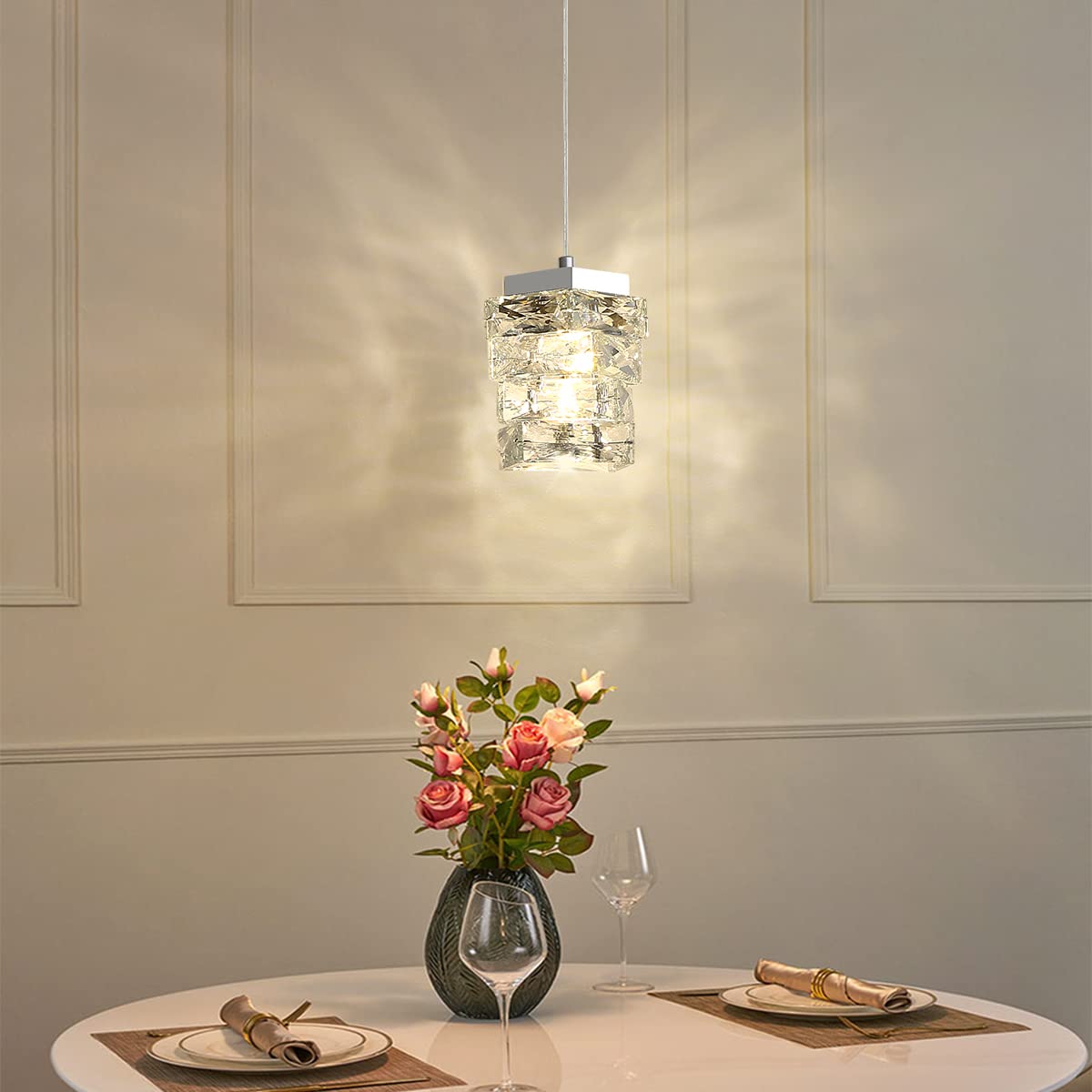 Modern Crystal Pendant Light, 3-Color LED Crystal Hanging Light Fixture Indoor Ceiling Pendants Lamp for Bedroom Kitchen Island Dining Room Hallway (Sliver)