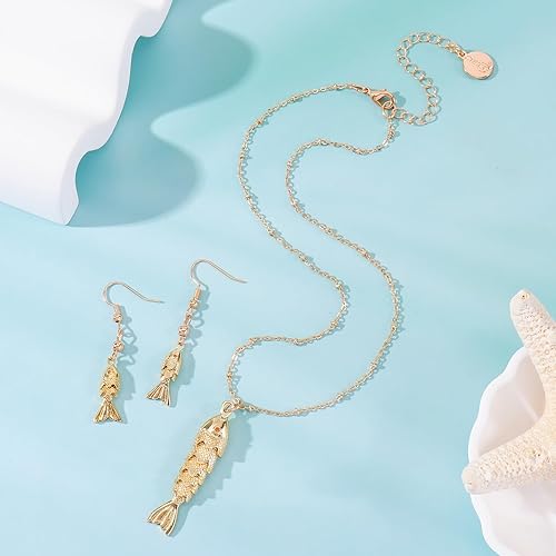 Miniatura 5 de Coiris Collar de pez para mujer, chapado en oro de 14 quilates, collar con dije de pez animado 3D, aretes de playa, verano, océano hawaiano,