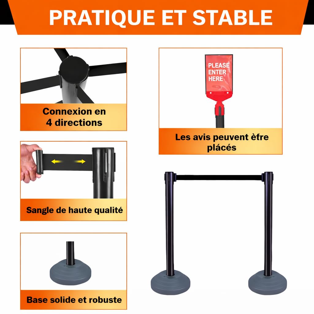 Set de 6 poteaux à Sangle rétractable, Poteau de barrière, Ceintures rétractables de 305 cm, Barrière de sécurité pour la Gestion de la Foule