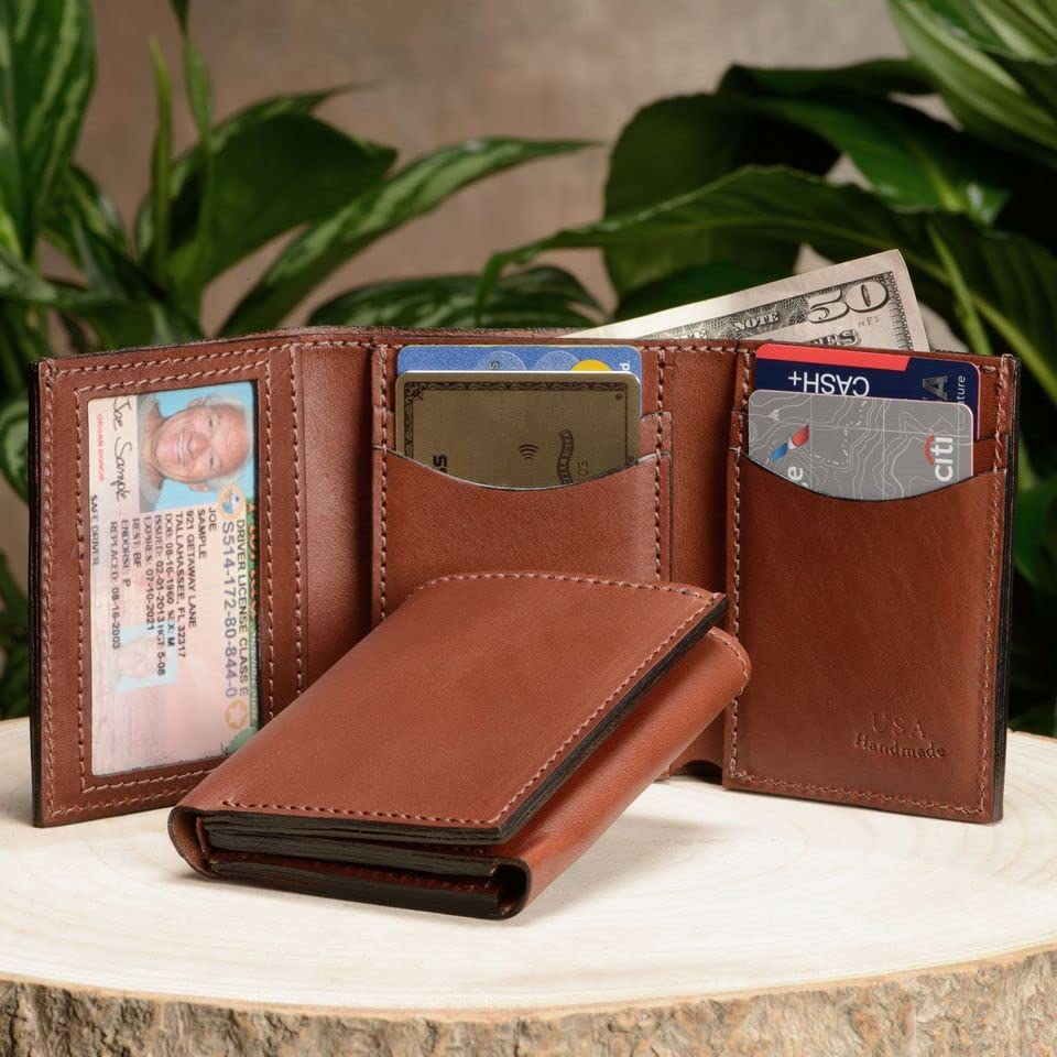 Premium Full Grain Bridle Leather Men’s Trifold Wallet With ID Window – Medium Brown - Made in USA4