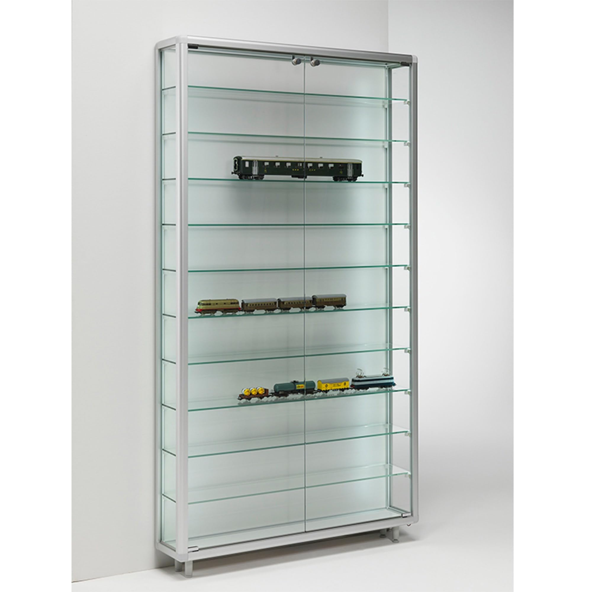 MHN Sammlervitrine & Standvitrine 19 x 99 x 183,5 cm – Flache Glasvitrine zur Wandaufstellung, abschließbar – ohne Beleuchtung – für Modellautos, Modell-Eisenbahn oder Figuren