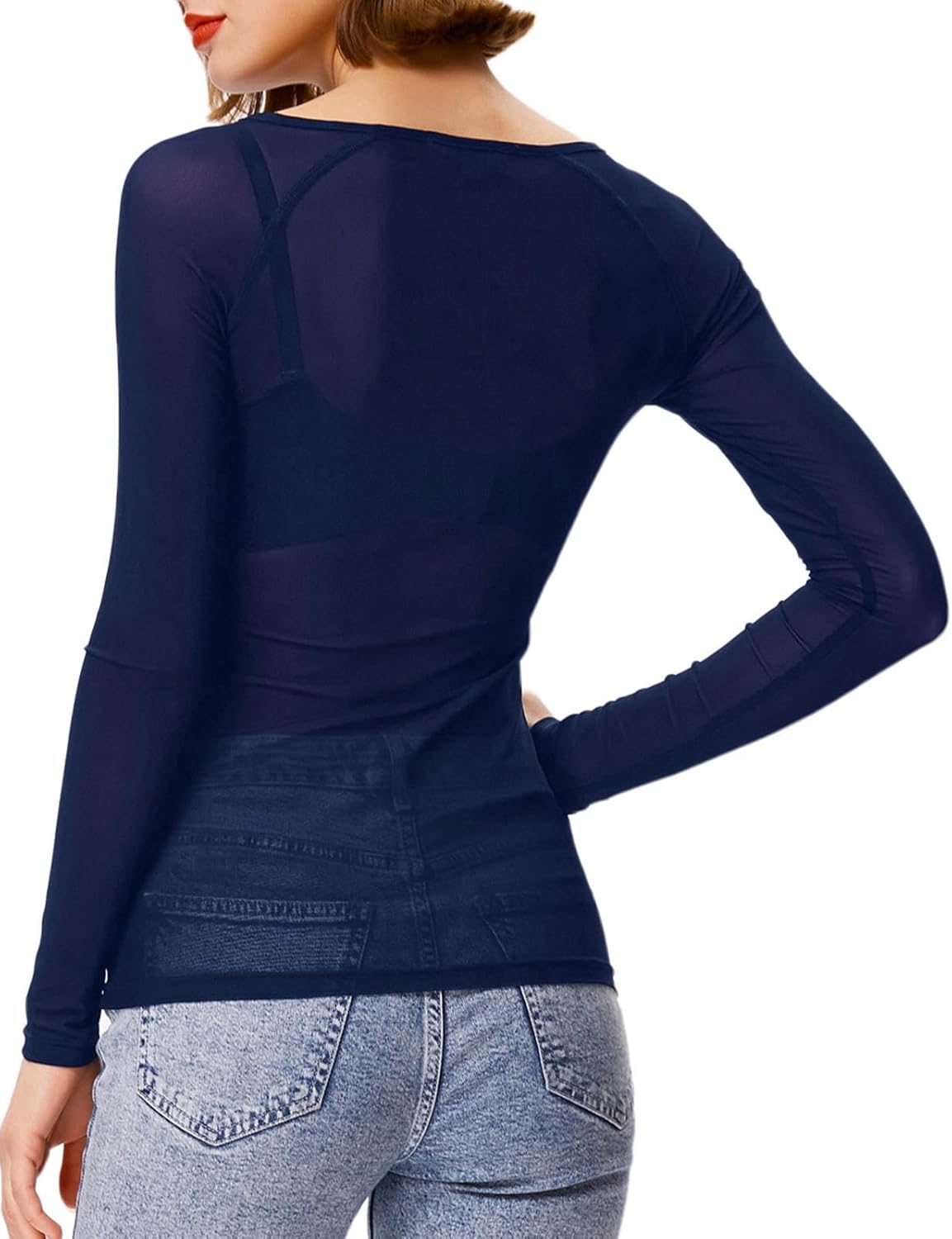 Women's Basic Long Sleeves Mesh Sheer Tops Navy X-Large