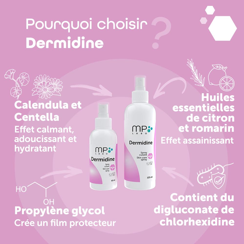 MP Labo Dermidine - Spray pour l'Hygiène Cutanée pour Chien et Chat à Base de Calendula et de Centella Asiatica pour Un Effet Calmant, Emollient et Hydratant (125 ML)