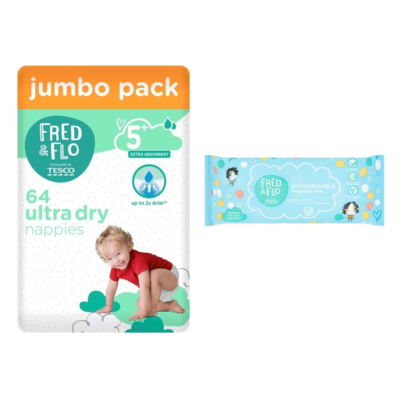 Fred & Flo Size 5+ Nappies Jumbo 64 Pack + Fragrance Free Baby Wipes
