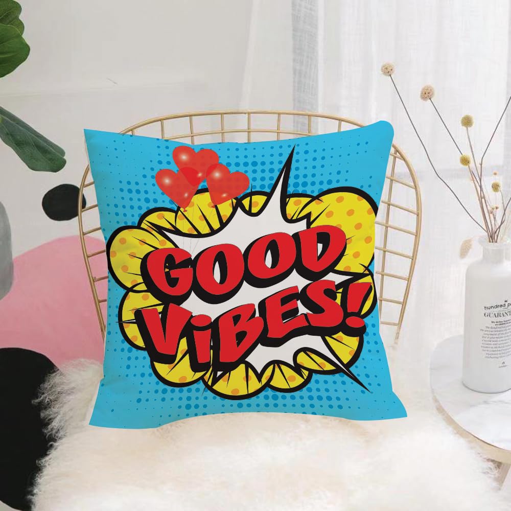 HYOSXW Cushion Cover,Throw Pillow Case Home Decorative for Living Room Bedroom Sofa Chair 16X16 Inch,Good Vibes,Pop Art sition with Speech Bubble Retro Letters Heart Balloons Decor,Pillowcase 40X40cm
