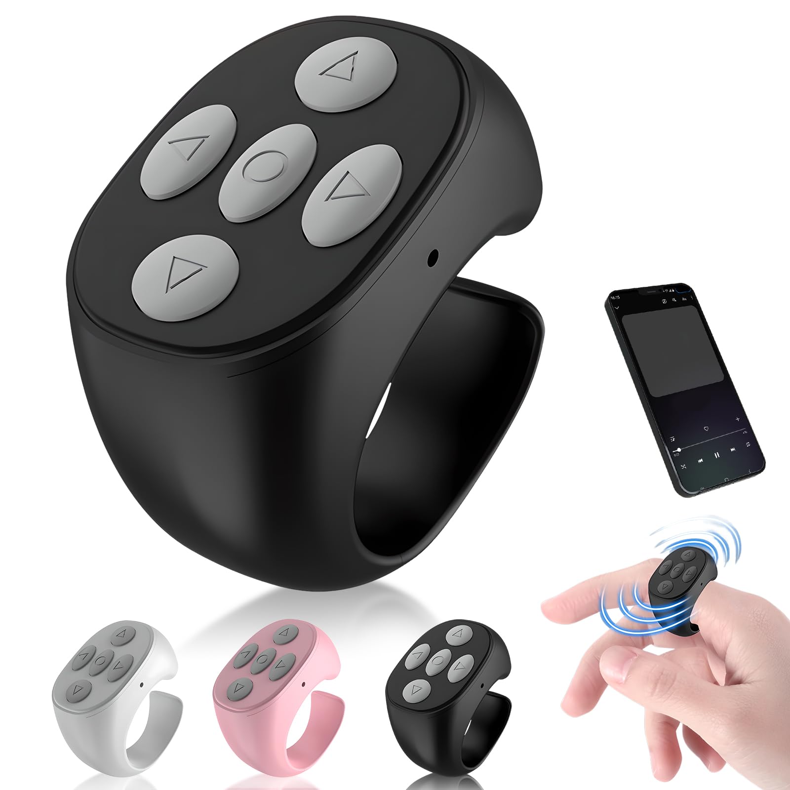 Fingertip Wireless Bluetooth Remote Control, 2025 New Remote App Control Page Turner for Phones Tablets Camera, Automatic Rechargeable Bluetooth Scroller Ring for Home (Black)
