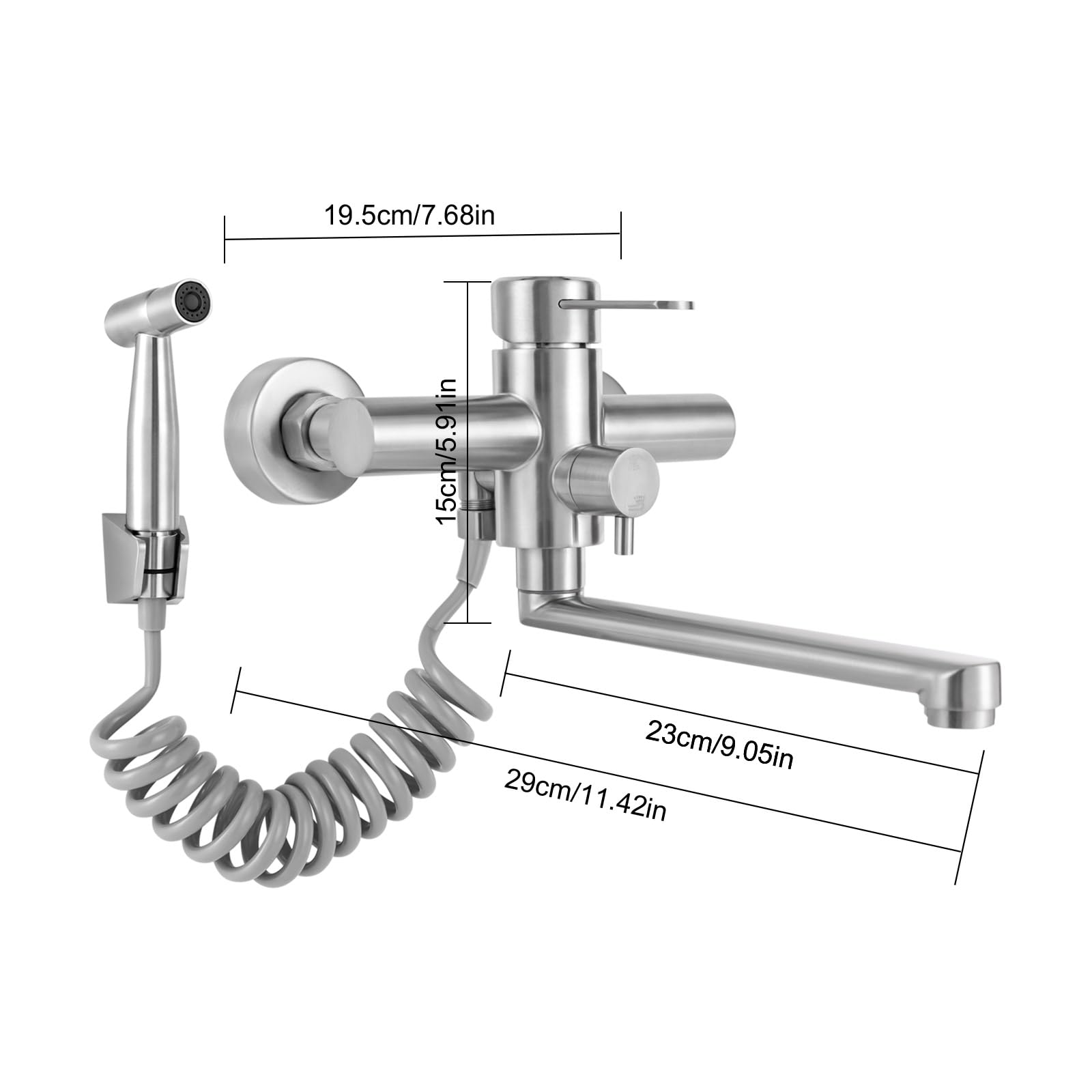 Wasserhahn Küche Wandmontage, Wandarmatur Wandmontierte Küchenarmatur 23cm mit Sprühpistole für Spüle Küchenwasserhahn Hotel Bar
