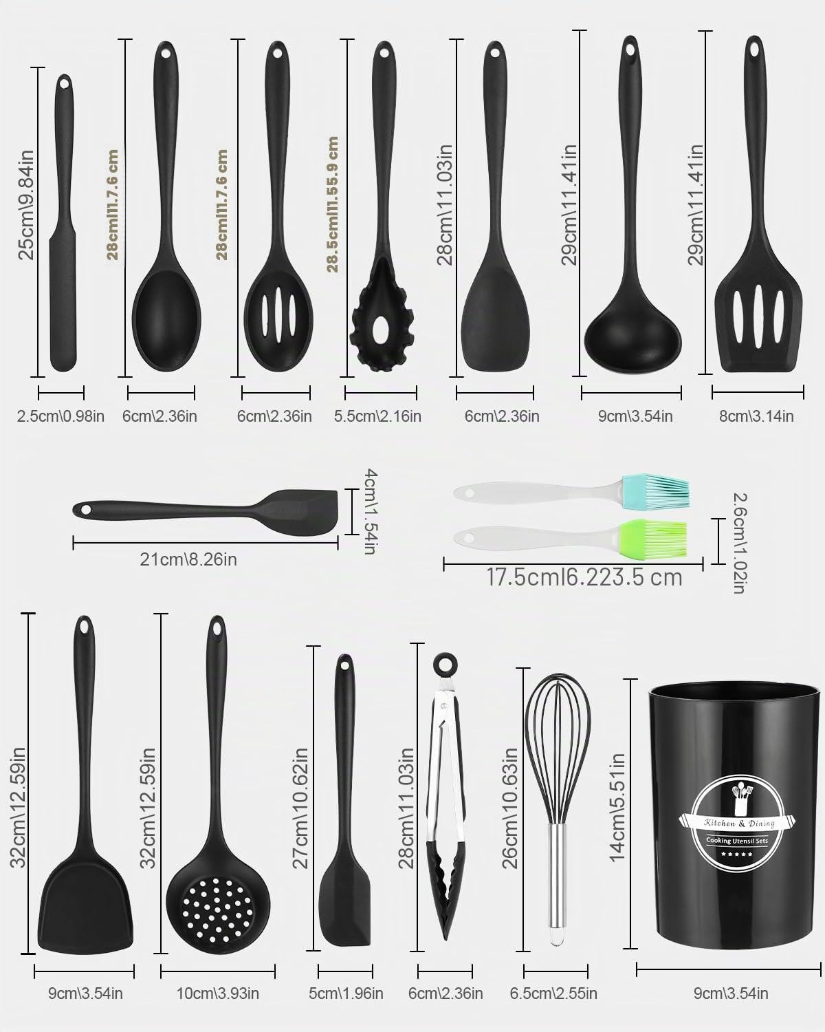 Set di utensili da cucina (nero), 15 pezzi di utensili da cucina e pentole, set di mestoli in silicone, set di utensili da cucina antiaderente e resistente al calore con supporto per utensili