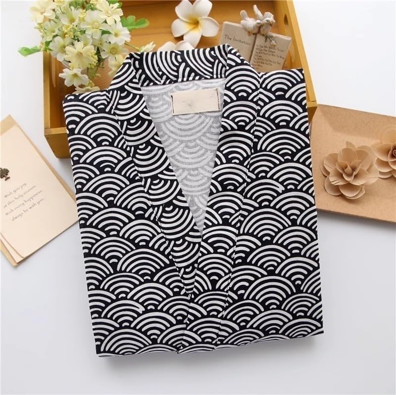 Japanese Kimono Pajamas Shirt and Shorts, Cotton Linen Loungewear Sleepwear Spa Bathrobe for Men and Women, Black White - Image 2