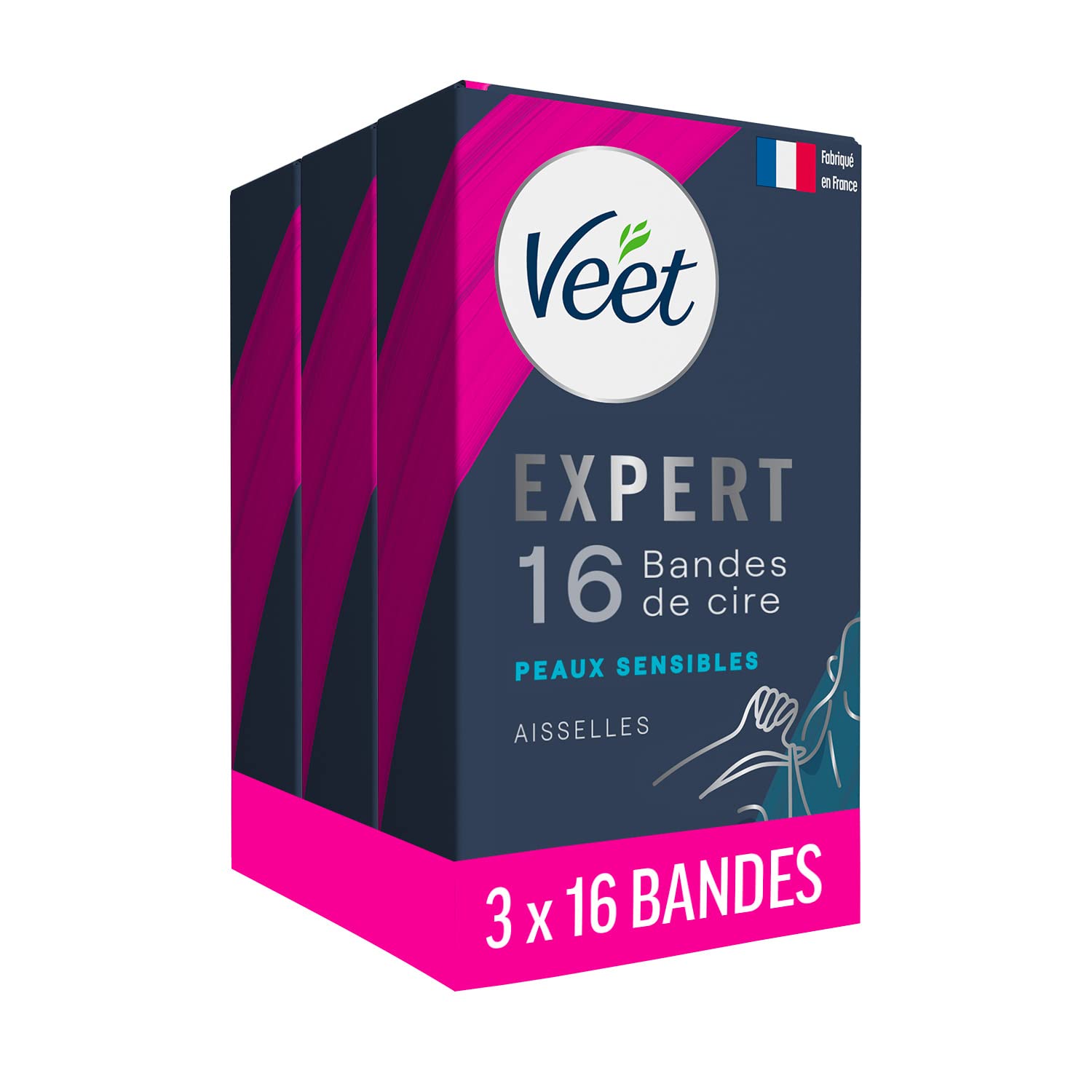 Veet EXPERT - 48 Bandes de Cire Froide Aisselles - Peaux Sensibles - Finition Parfaite - Epilation Longue Durée - Lot de 3x16 bandes