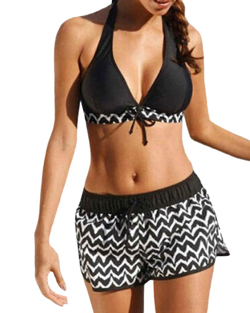 CheChury Mujer Conjunto De Bikini Tiras Talle Alto Tallas Grandes Sexy Traje De Baño Cuello Halter Vintage Vientre Plano con Volantes Top Bikini Push Up Flores Braga Alta