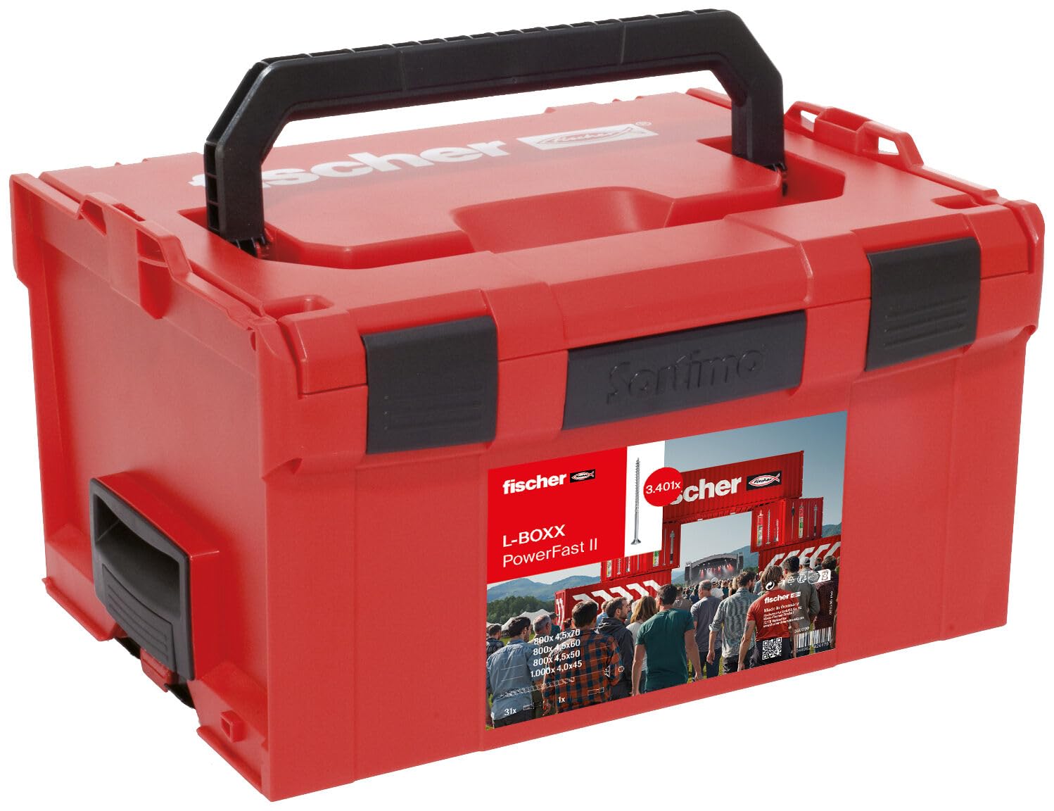 fischer L-Boxx PowerFast II, 3.400 tornillos PowerFast II para aglomerado en diferentes dimensiones con cabeza avellanada, accionamiento TX y rosca parcial, para un procesamiento rápido y flexible,