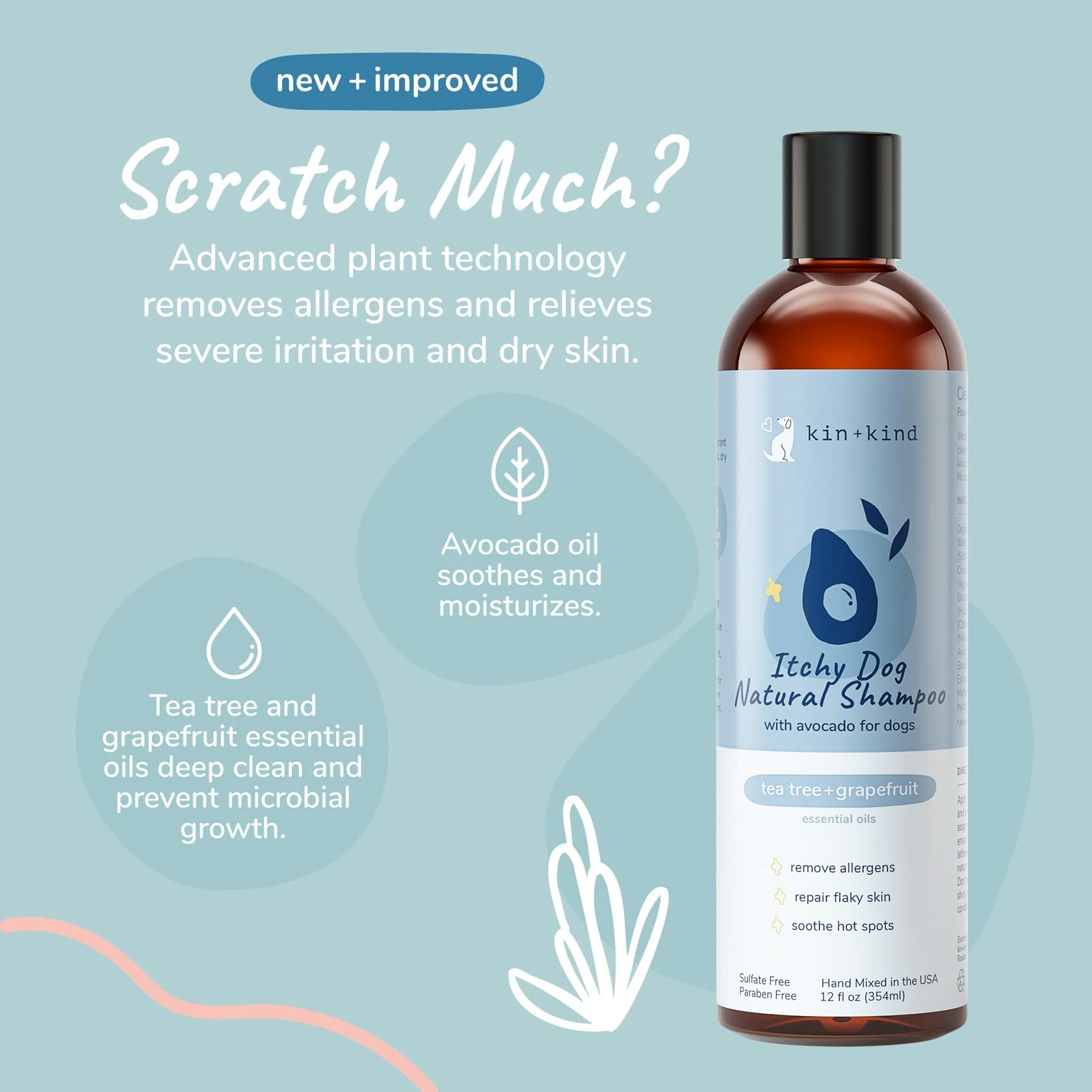 kin+Kind Naturalny szampon dla alergików i leków (354 ml) – łagodne zapalenie, podrażnienie i podrażnienia – bezpieczna, naturalna formuła z oliwą z oliwek, olejem kokosowym, drzewem herbacianym i