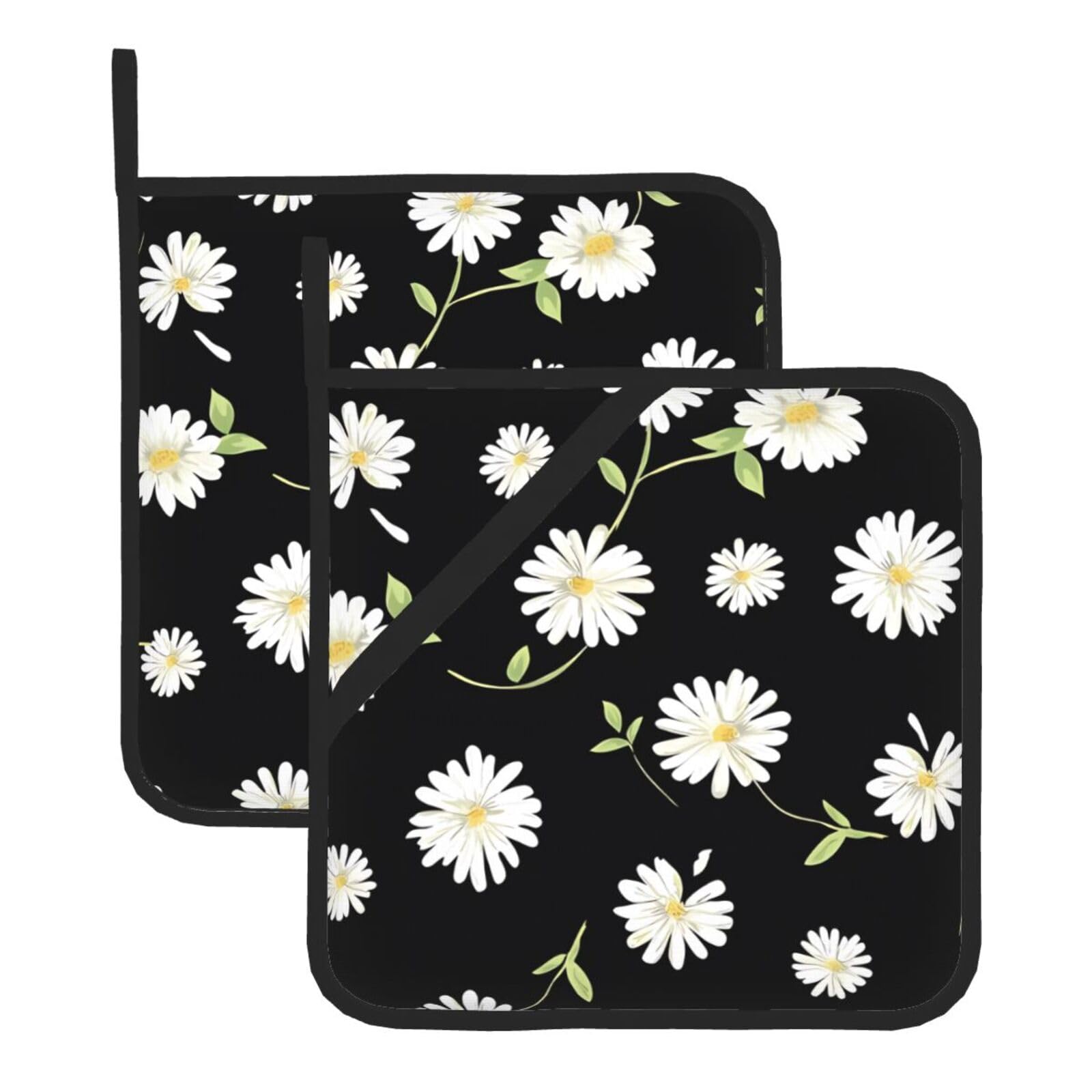 WHJSHOP daisy Prints Square Pot Holders - Waterproof Heat Resistant Kitchen Throw Pads for Hot Bowls & Dishes, Durable Oven Mitt Layers with Hanging Loop - Set of 2
