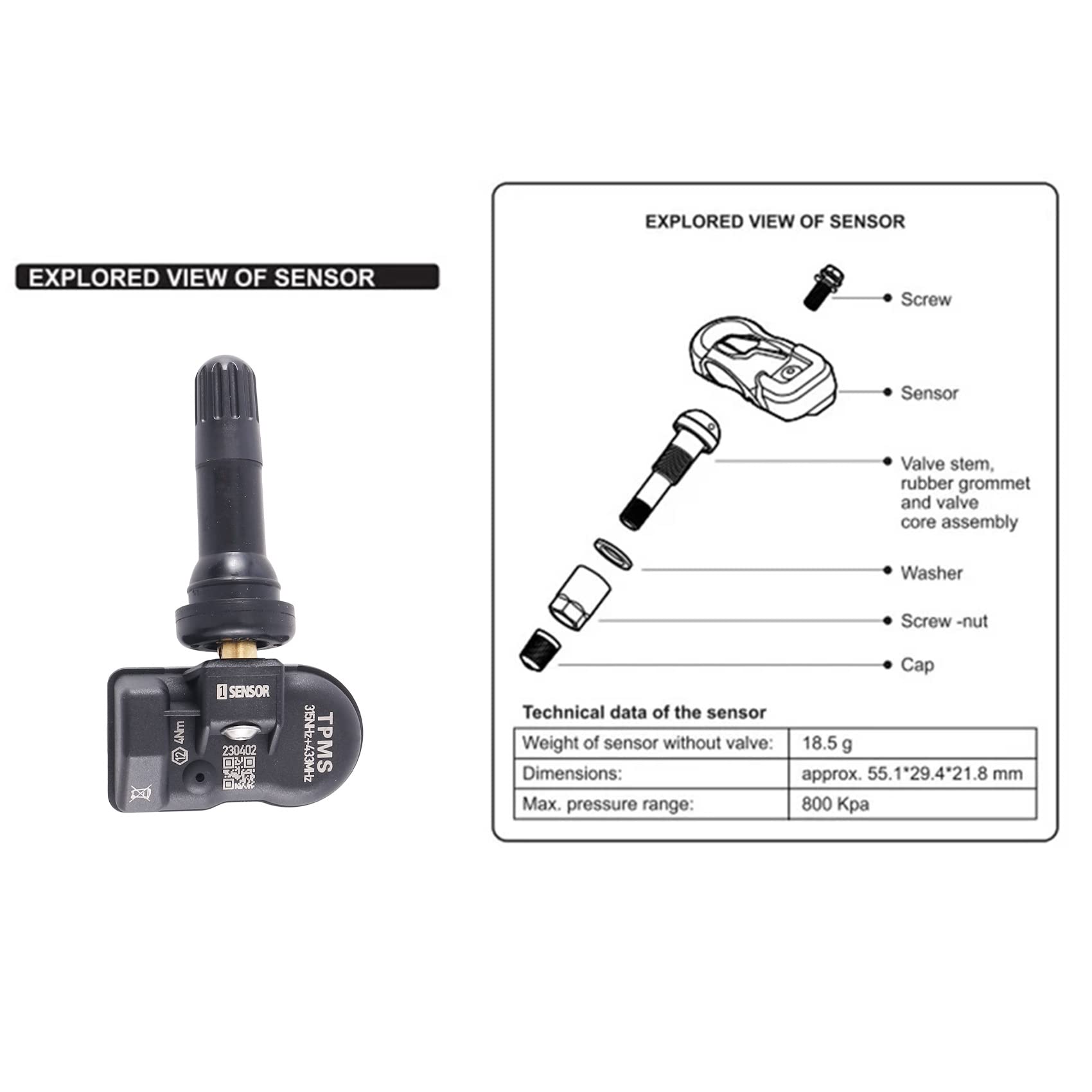 8Pcs Capteur de Pression des Pneus Programmable MX Sensor 315MHZ+433MHz 2 en 1 Système de Surveillance des Capteurs de Pression des Pneus Outil Universel et Modifiable TPMS- de Remplacem