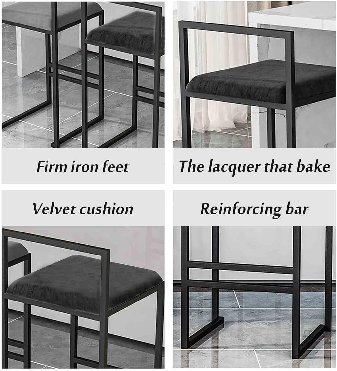 Velvet Stools Kitchen Chairs of 4 Breakfast with Black Metal Legs&Backrest, High for Island/Home (White 65cm)