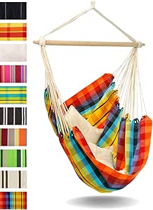 AMAZONAS Großer Hängesessel handgefertigt in Brasilien Brasil Rainbow mit Querstab aus FSC Buchenholz 110 cm bis 150 kg buntkariert