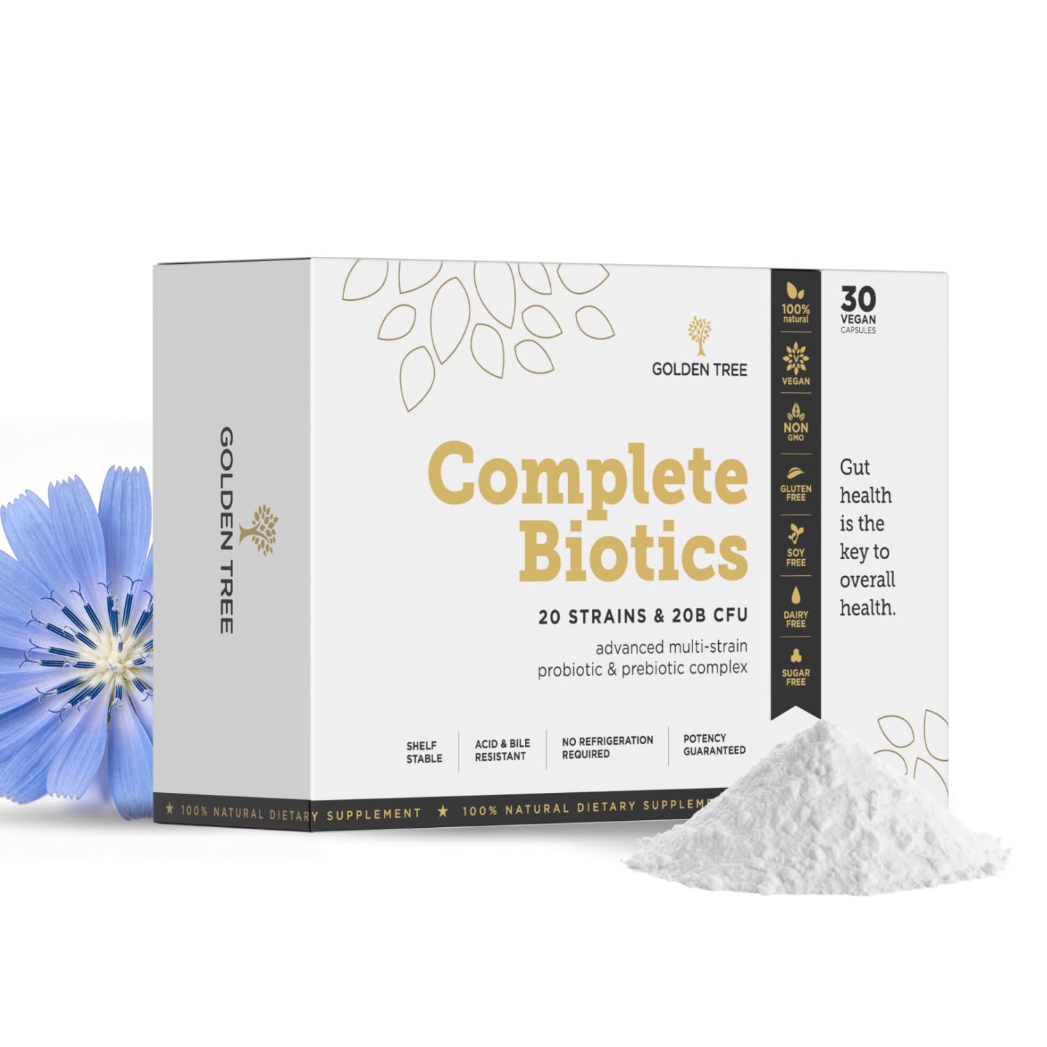 Golden Tree Complete Biotics – Probiotiques, 30 gélules | Avec 20 cultures et souches bactériennes, 20 milliards d’UFC par dose journalière, Gélules gastro-résistantes