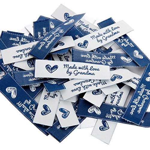 Wunderlabel Made with Love by Grandma Crafting Fashion Granny Grandmother Woven Ribbon Tag Clothing Sewing Clothes Garment Fabric Material Embroidered Label Labels Tags, Blue on White, 100 Labels