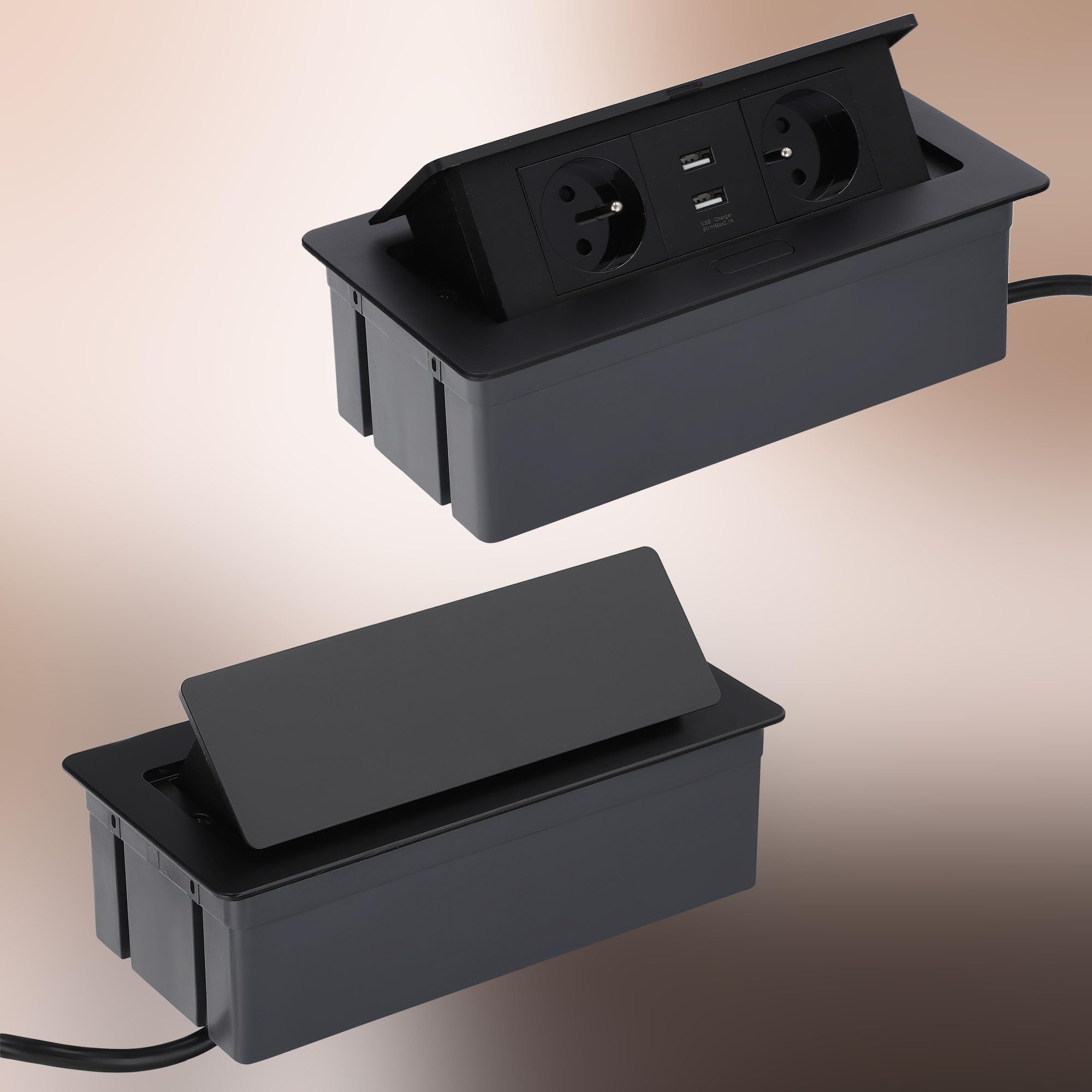 KOTARBAU® - Ciabatta elettrica a 2 prese, con porte USB, in alluminio, colore nero
