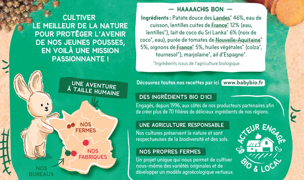 BABYBIO - Petits pots - Hachis végétal - Patate douce Lentilles Lait de coco - 6+ mois - 2 x 200g - BIO - Lot de 6