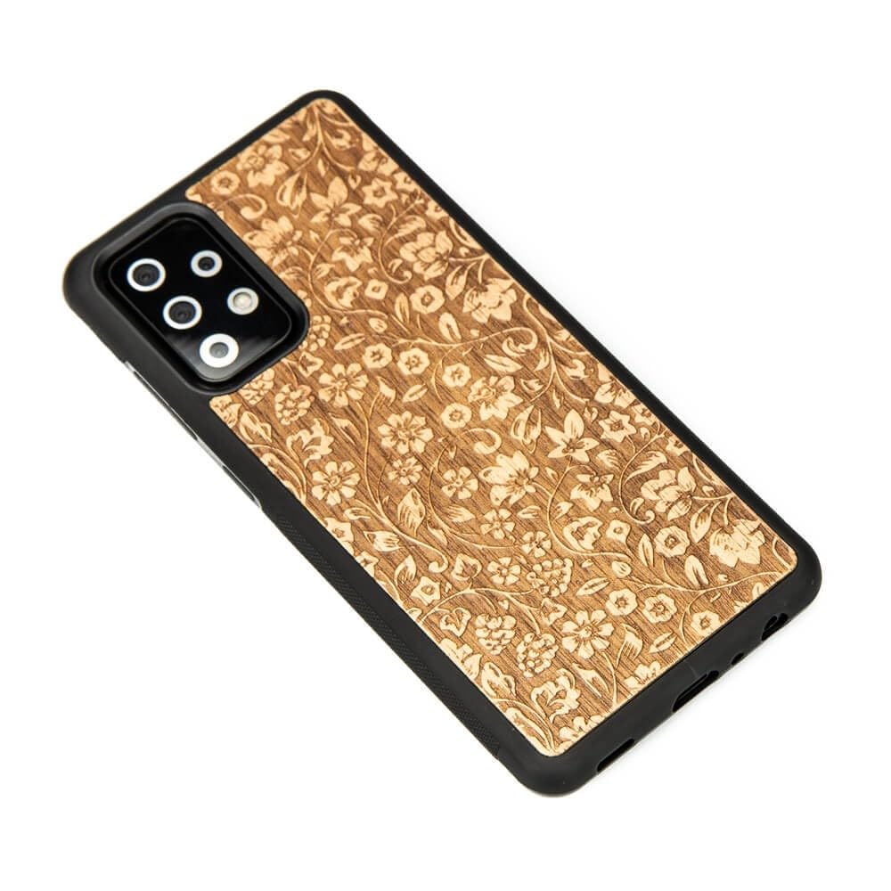 Custodia in legno con motivo floreale incisione, legno, policarbonato e silicone TPU, compatibile con Samsung Galaxy Smartphone, nero