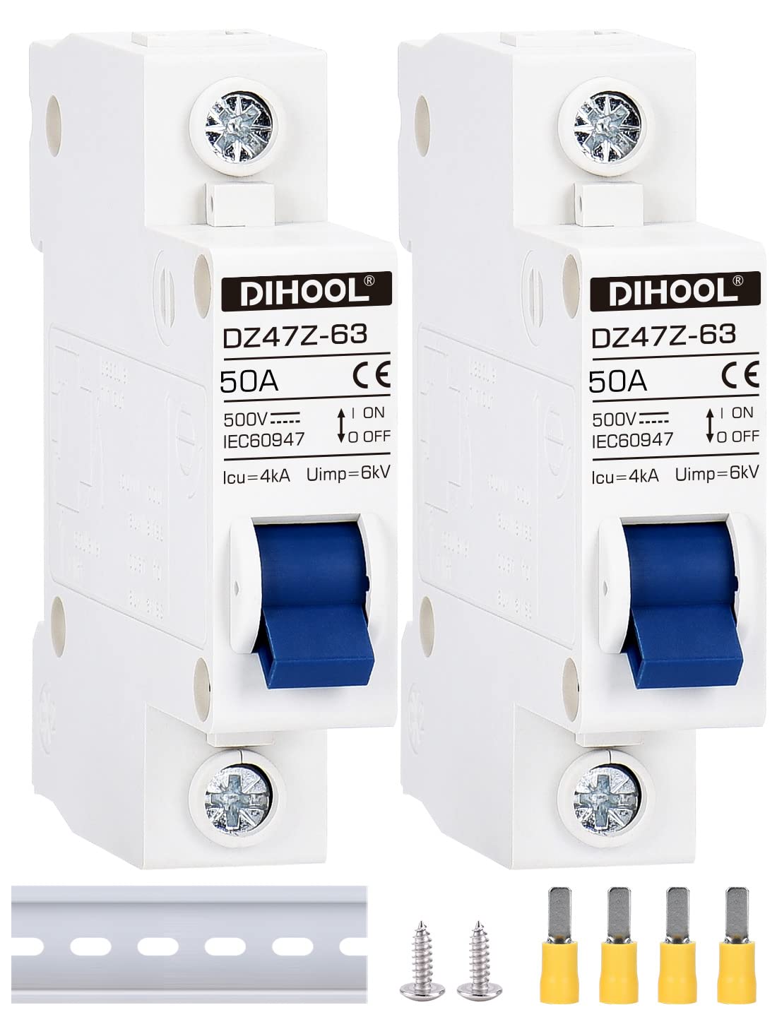 DC Circuit Breaker dz47 1P 50Amp 500V DC MCB Short Circuit Protection Disconnect Switch Isolator for Solar Panel Battery UPS Inverter Photovoltaic PV System