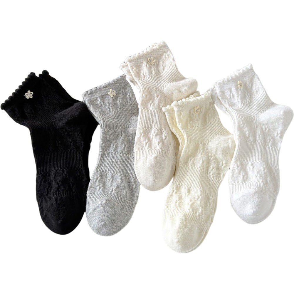 Sslvya 5 Pairs Cute Ankle Socks for Women Ruffle Frilly Socks Breathable Summer Socks for Women