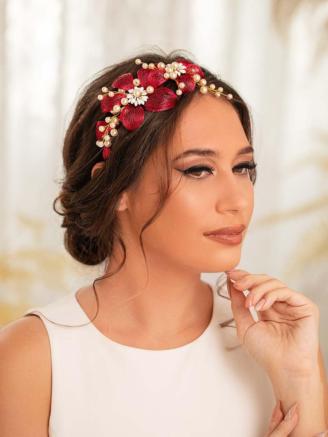 IYOU Flower Wedding Headband Red Pearl Hair Bands Copper Wire Prom Bridal Hair Accessories for Women - Image 2