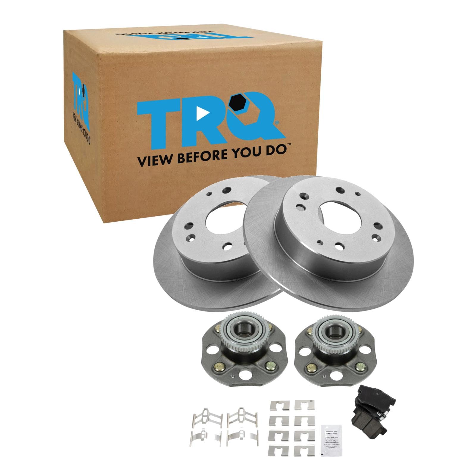 TRQ Rear Brake Pad and Rotor Set Ceramic Rotors Wheel Hub Bearing Assembly Compatible with 1998-2002 Honda Accord