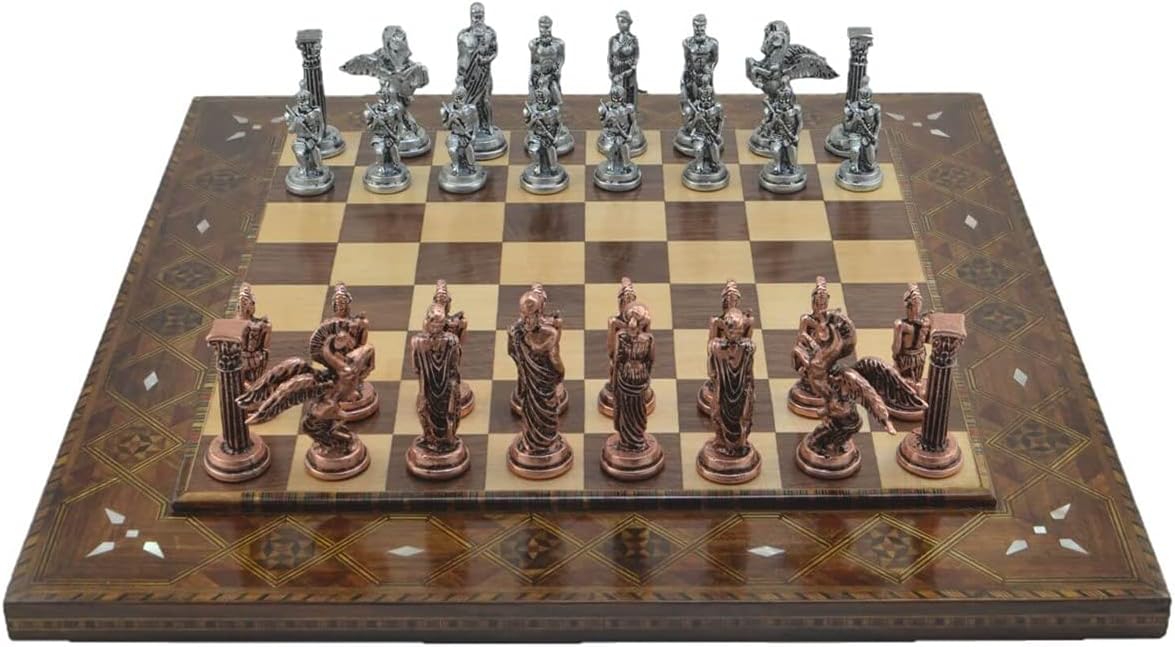 Medium Antique Copper Mythologic Pegasus Metal Chess Set for Adults,Handmade Pieces and Natural Solid Wooden Chess Board with Original Pearl Around Board King 3.35inc