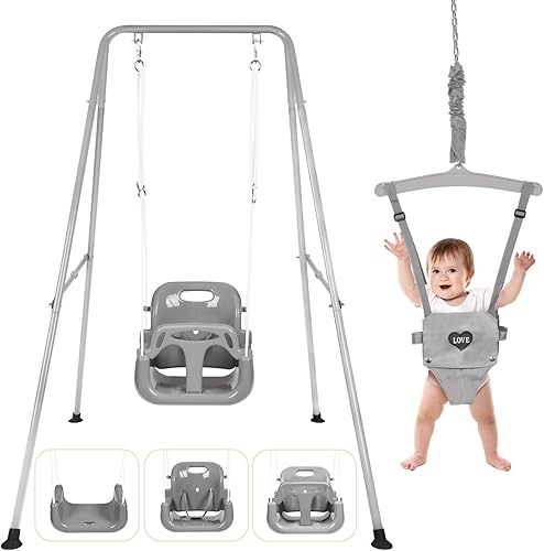 Miniatura 8 de Juego de columpios 4 en 1 y saltador y gorila para bebé, juego de columpio de bebé resistente con soporte de metal plegable para juegos en