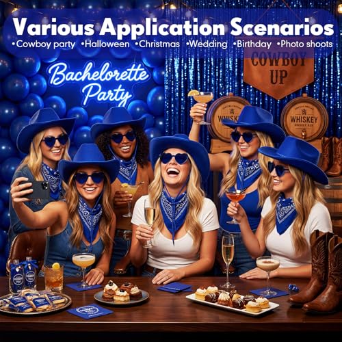 Image of Coume 6 Sets Cowboy Hat with Heart Sunglasses and Paisley Bandanas Western Cowgirl Hat for Cosplay Costume Adults(Royal Blue)