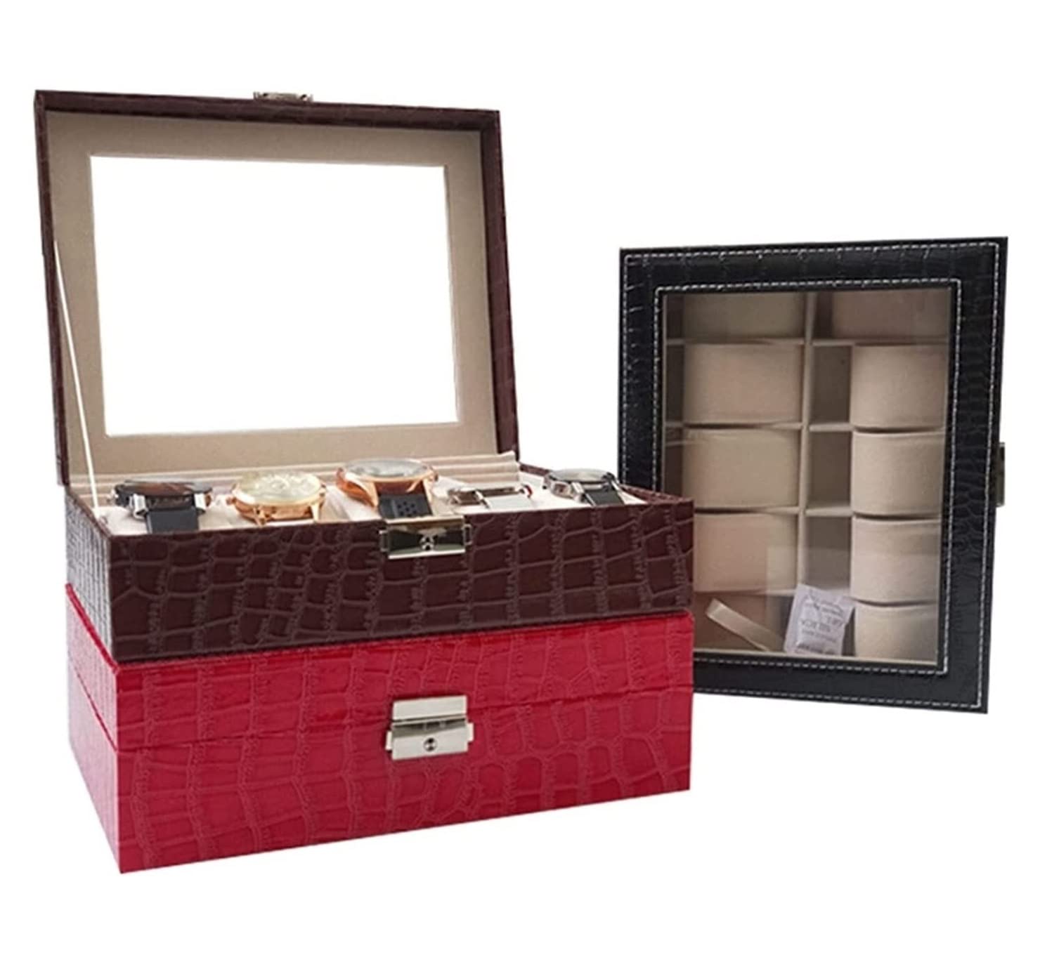 Custodia per orologi Rotolo per orologi Avvolgitore per orologi 10 slot Custodia per orologi con serratura in pelle PU Custodia per orologi Portaoggetti per gioielli Vetrina con coperchio trasparente